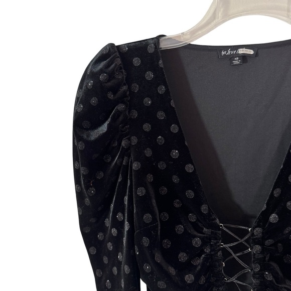 For Love & Lemons Elisa Velvet Glitter Dot Lace Up Cropped Top Black Size XS - Picture 6 of 13